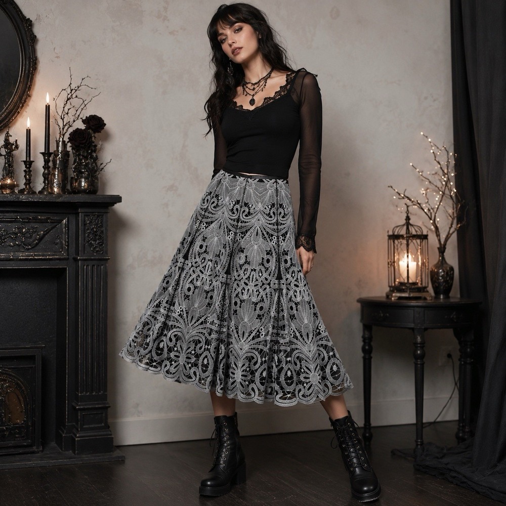 Peter Nygard White Embroidered Floral A Line Skirt Midi Lined Whimsygoth Sz 14